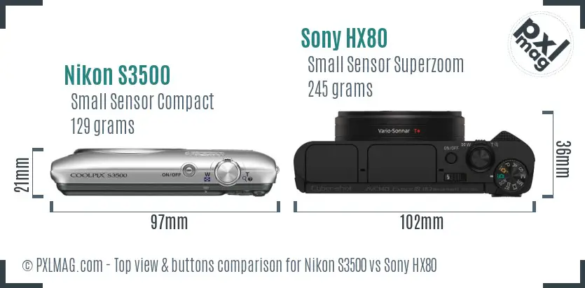 Nikon S3500 vs Sony HX80 top view buttons comparison