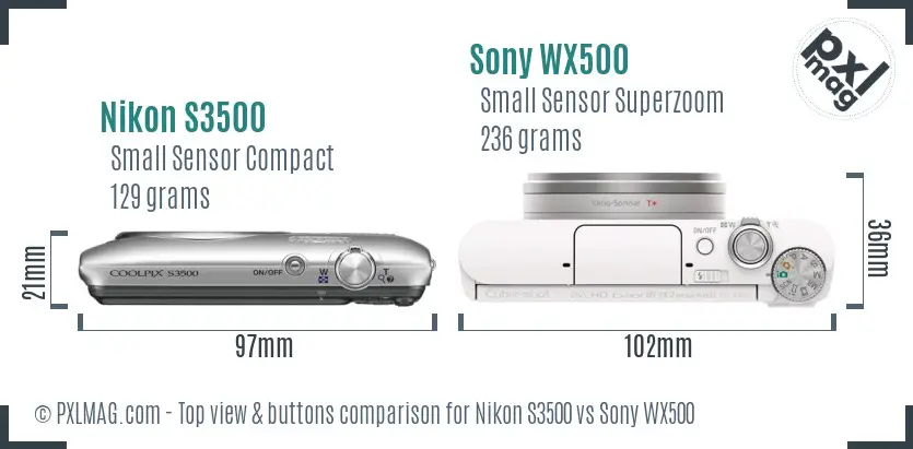 Nikon S3500 vs Sony WX500 top view buttons comparison Nikon S3500 vs Sony WX500 top view buttons comparison