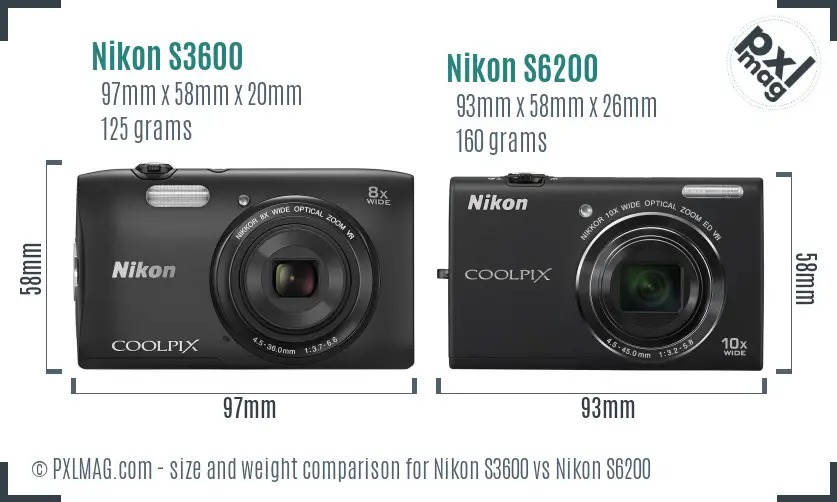 Nikon S3600 vs Nikon S6200 size comparison