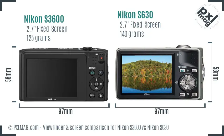Nikon S3600 vs Nikon S630 Screen and Viewfinder comparison