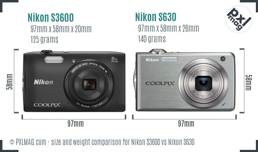 Nikon S3600 vs Nikon S630 size comparison