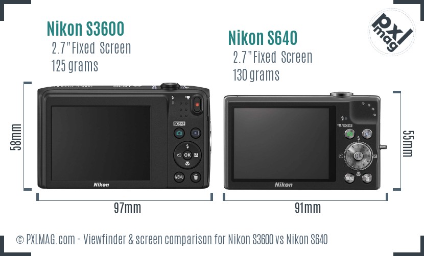 Nikon S3600 vs Nikon S640 Screen and Viewfinder comparison