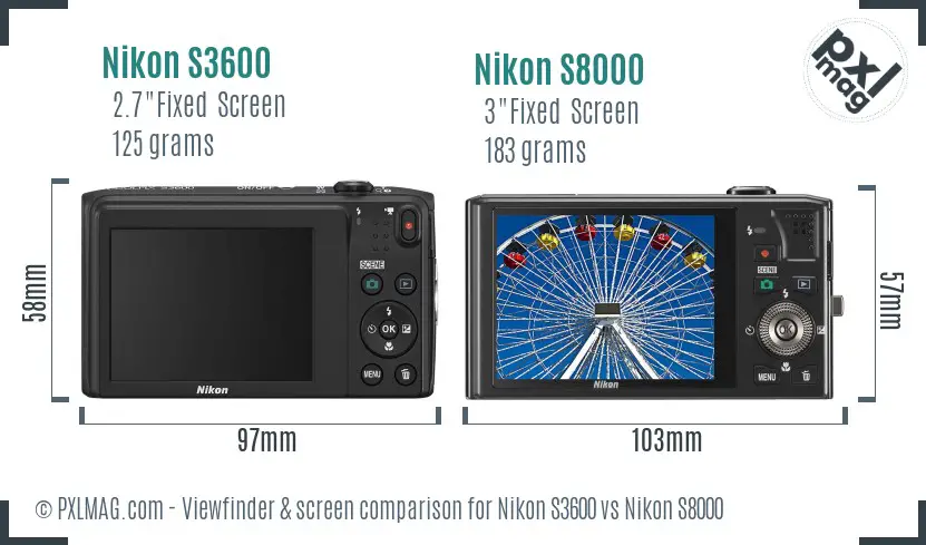 Nikon S3600 vs Nikon S8000 Screen and Viewfinder comparison