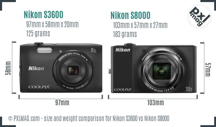 Nikon S3600 vs Nikon S8000 size comparison