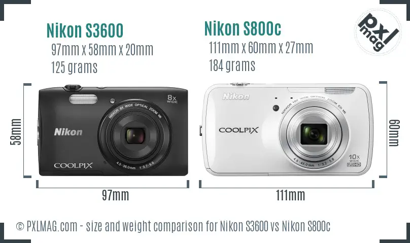 Nikon S3600 vs Nikon S800c size comparison