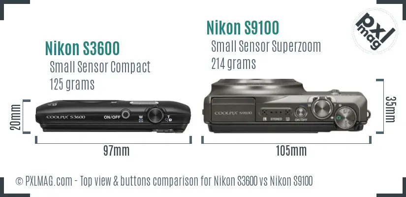 Nikon S3600 vs Nikon S9100 top view buttons comparison