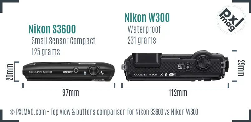 Nikon S3600 vs Nikon W300 top view buttons comparison