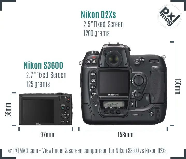 Nikon S3600 vs Nikon D2Xs Screen and Viewfinder comparison