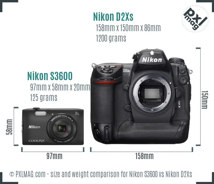 Nikon S3600 vs Nikon D2Xs size comparison