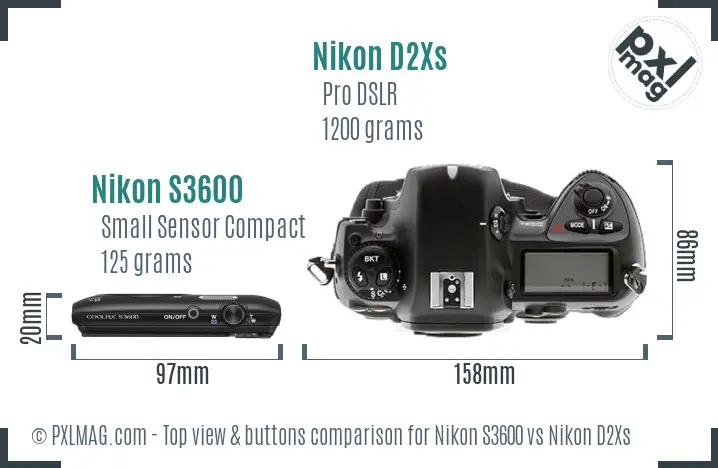 Nikon S3600 vs Nikon D2Xs top view buttons comparison