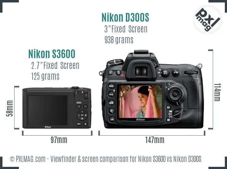 Nikon S3600 vs Nikon D300S Screen and Viewfinder comparison