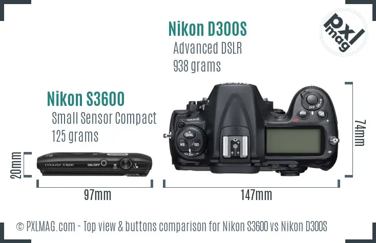 Nikon S3600 vs Nikon D300S top view buttons comparison