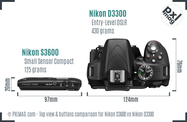 Nikon S3600 vs Nikon D3300 top view buttons comparison