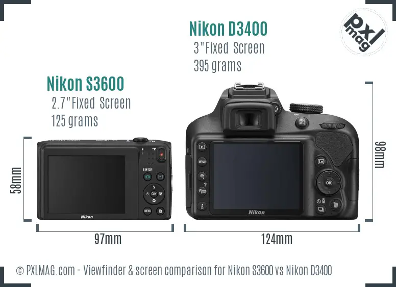 Nikon S3600 vs Nikon D3400 Screen and Viewfinder comparison