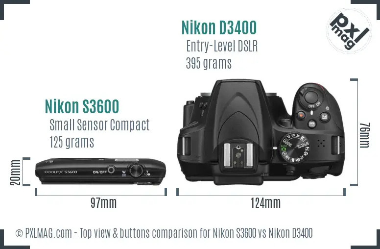 Nikon S3600 vs Nikon D3400 top view buttons comparison