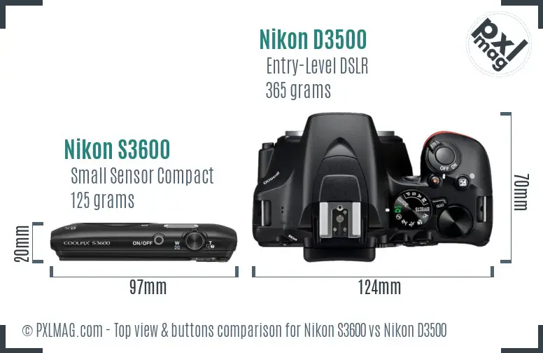 Nikon S3600 vs Nikon D3500 top view buttons comparison