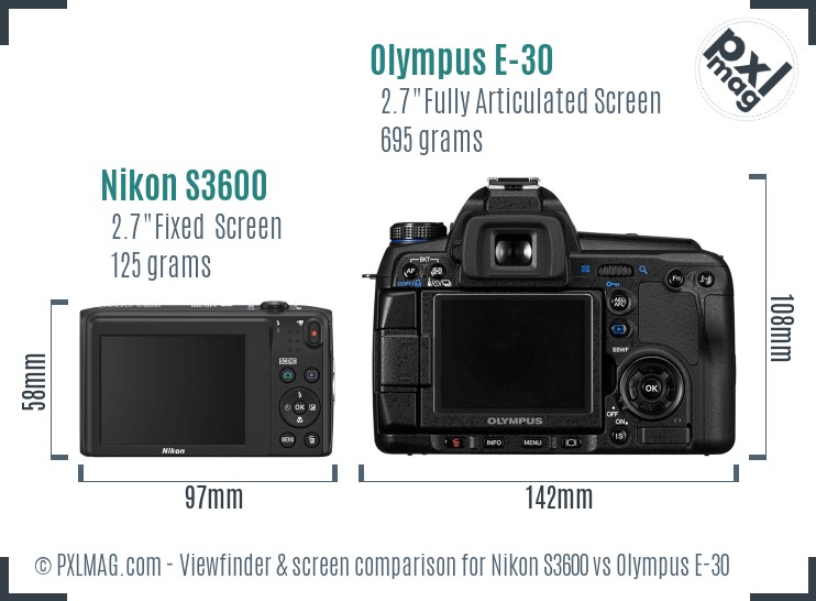 Nikon S3600 vs Olympus E-30 Screen and Viewfinder comparison