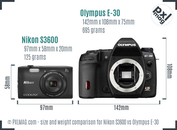 Nikon S3600 vs Olympus E-30 size comparison