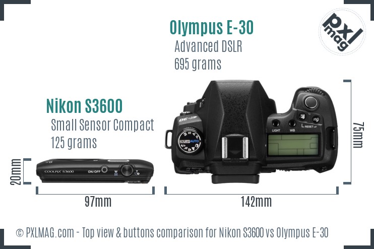 Nikon S3600 vs Olympus E-30 top view buttons comparison