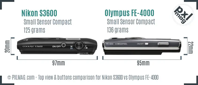 Nikon S3600 vs Olympus FE-4000 top view buttons comparison