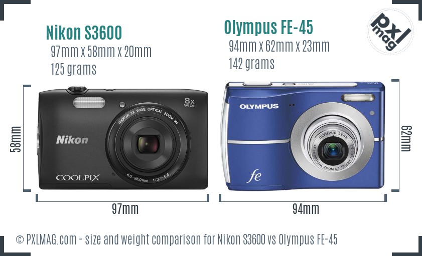 Nikon S3600 vs Olympus FE-45 size comparison