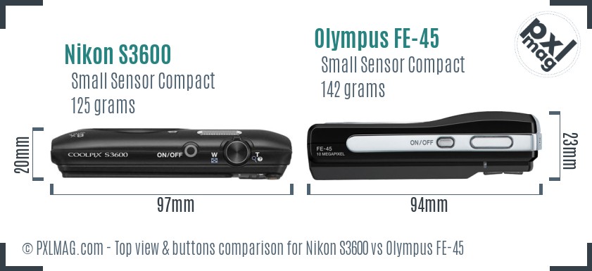 Nikon S3600 vs Olympus FE-45 top view buttons comparison