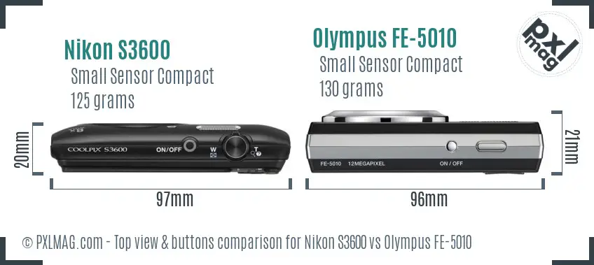 Nikon S3600 vs Olympus FE-5010 top view buttons comparison