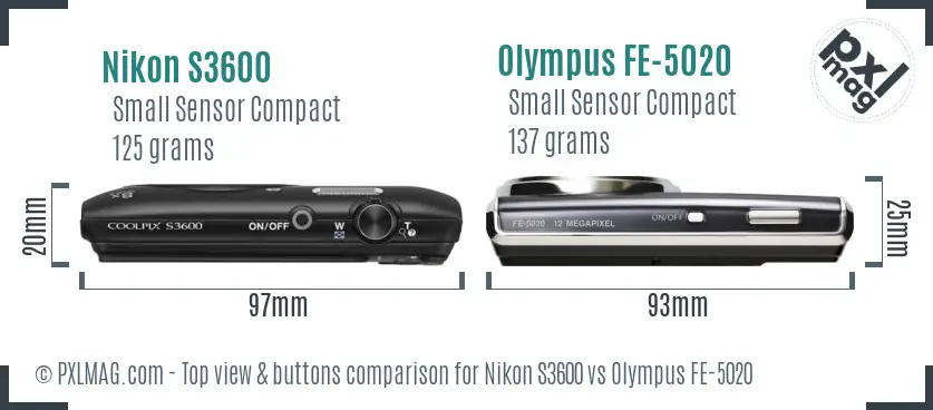Nikon S3600 vs Olympus FE-5020 top view buttons comparison