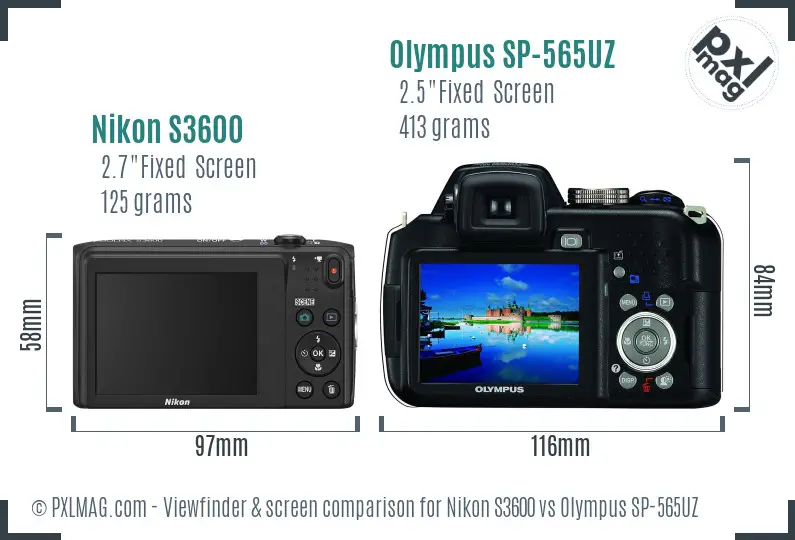 Nikon S3600 vs Olympus SP-565UZ Screen and Viewfinder comparison