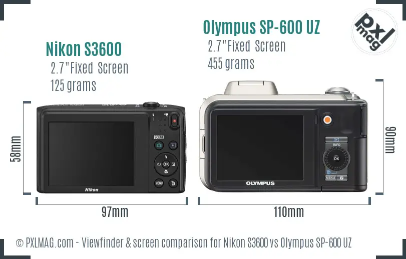 Nikon S3600 vs Olympus SP-600 UZ Screen and Viewfinder comparison