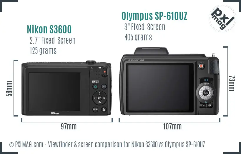 Nikon S3600 vs Olympus SP-610UZ Screen and Viewfinder comparison