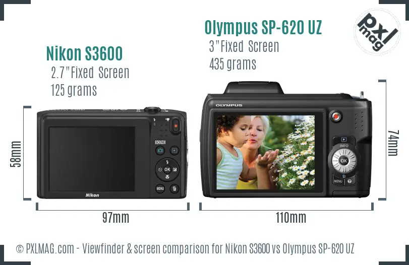 Nikon S3600 vs Olympus SP-620 UZ Screen and Viewfinder comparison