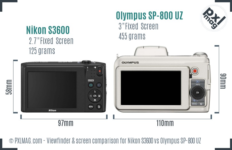 Nikon S3600 vs Olympus SP-800 UZ Screen and Viewfinder comparison
