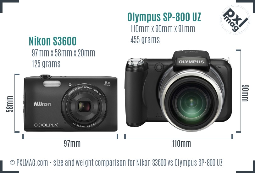 Nikon S3600 vs Olympus SP-800 UZ size comparison Nikon S3600 vs Olympus SP-800 UZ size comparison