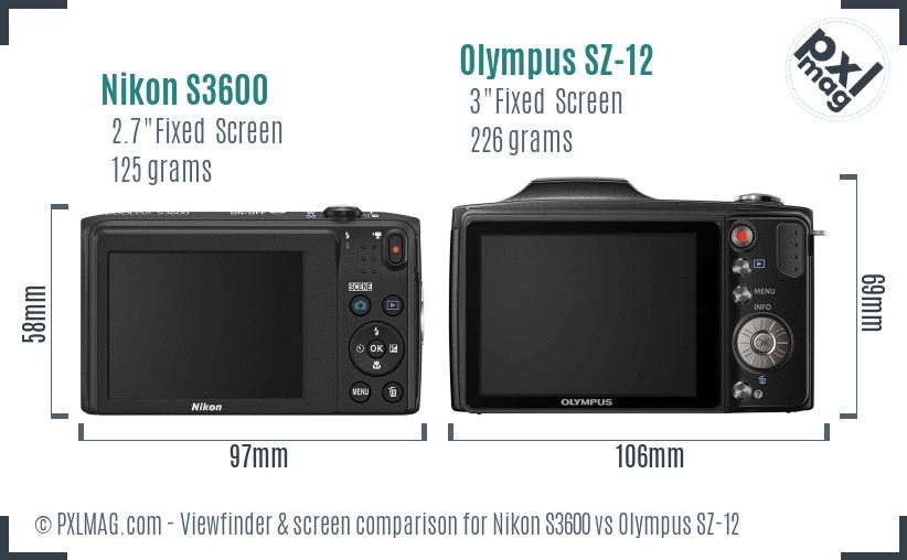 Nikon S3600 vs Olympus SZ-12 Screen and Viewfinder comparison