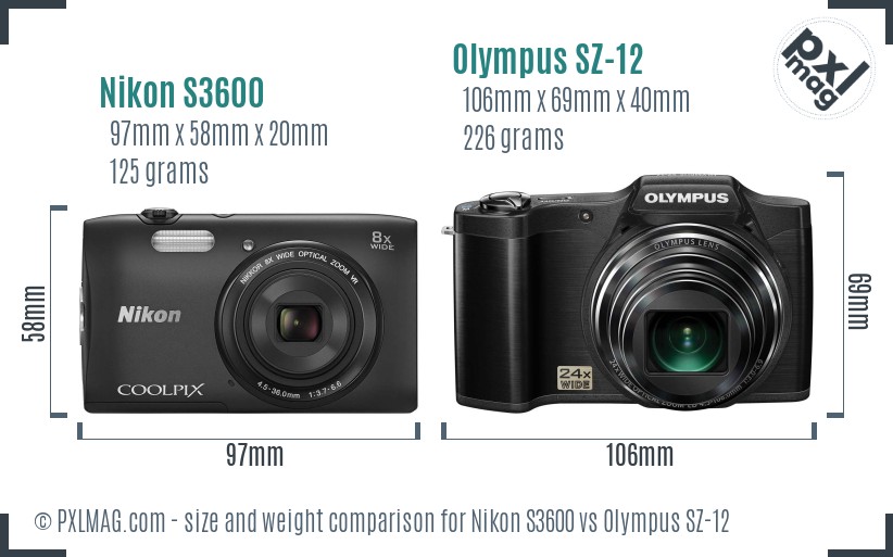 Nikon S3600 vs Olympus SZ-12 size comparison