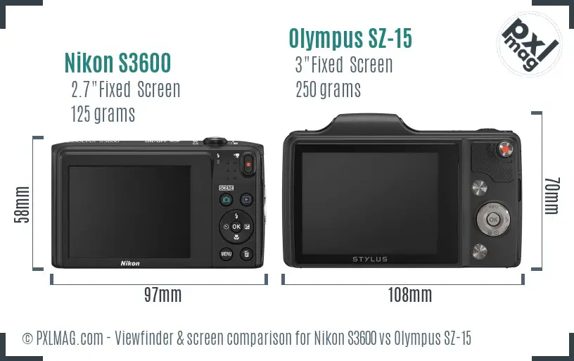 Nikon S3600 vs Olympus SZ-15 Screen and Viewfinder comparison