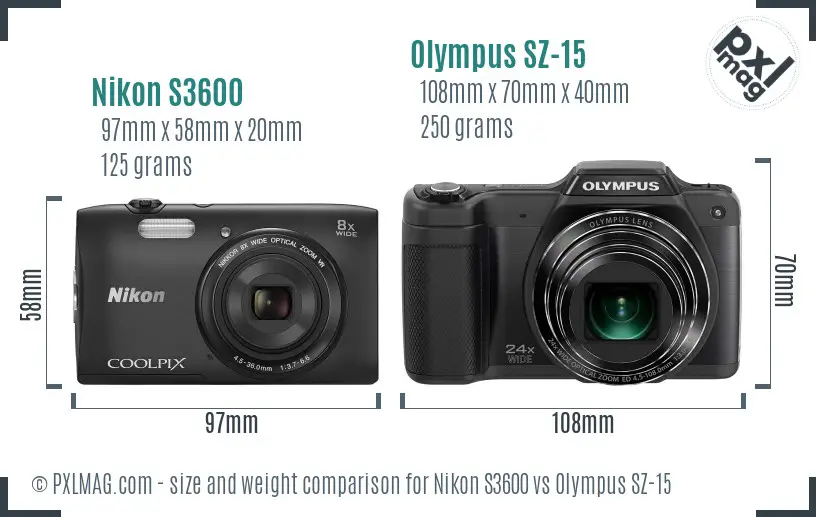 Nikon S3600 vs Olympus SZ-15 size comparison