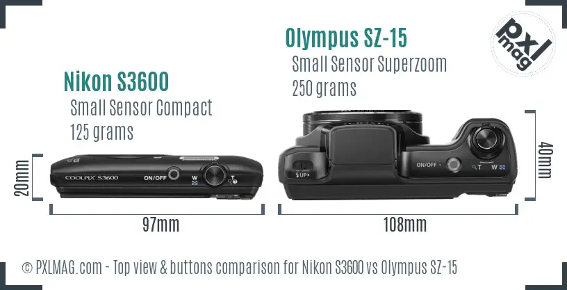 Nikon S3600 vs Olympus SZ-15 top view buttons comparison