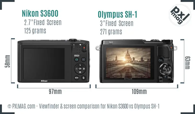 Nikon S3600 vs Olympus SH-1 Screen and Viewfinder comparison