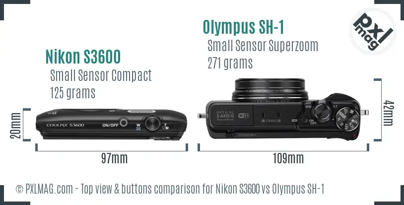 Nikon S3600 vs Olympus SH-1 top view buttons comparison