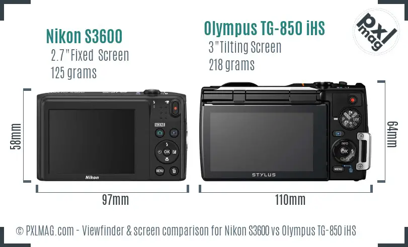 Nikon S3600 vs Olympus TG-850 iHS Screen and Viewfinder comparison