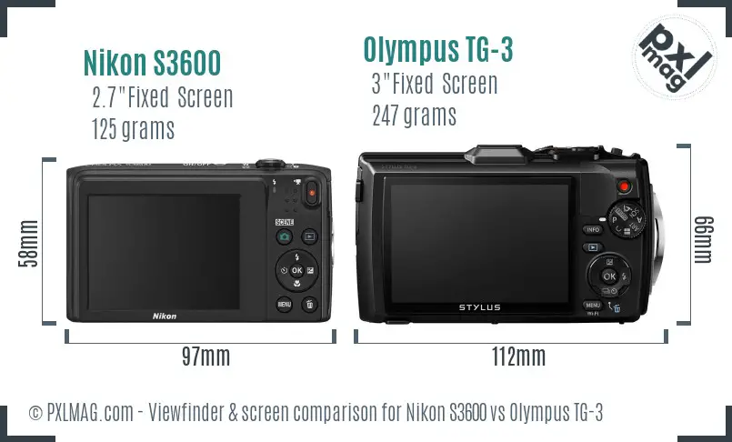 Nikon S3600 vs Olympus TG-3 Screen and Viewfinder comparison