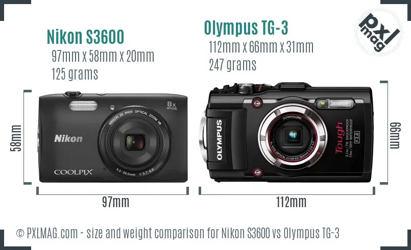 Nikon S3600 vs Olympus TG-3 size comparison