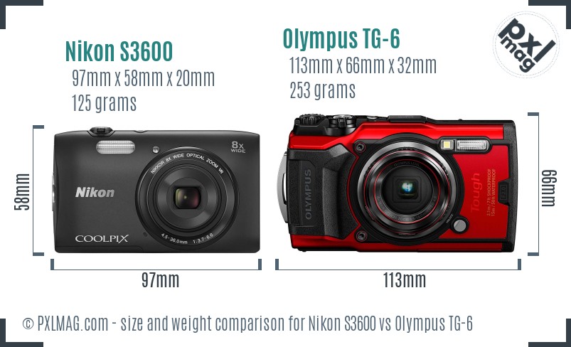 Nikon S3600 vs Olympus TG-6 size comparison