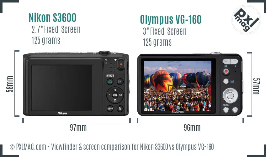 Nikon S3600 vs Olympus VG-160 Screen and Viewfinder comparison