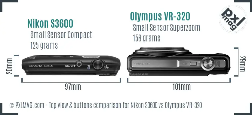 Nikon S3600 vs Olympus VR-320 top view buttons comparison Nikon S3600 vs Olympus VR-320 top view buttons comparison