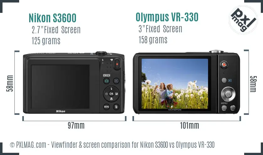 Nikon S3600 vs Olympus VR-330 Screen and Viewfinder comparison