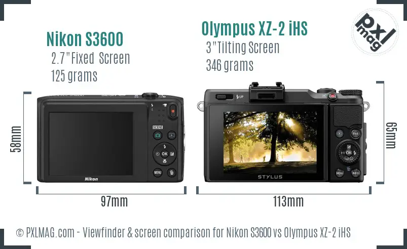 Nikon S3600 vs Olympus XZ-2 iHS Screen and Viewfinder comparison