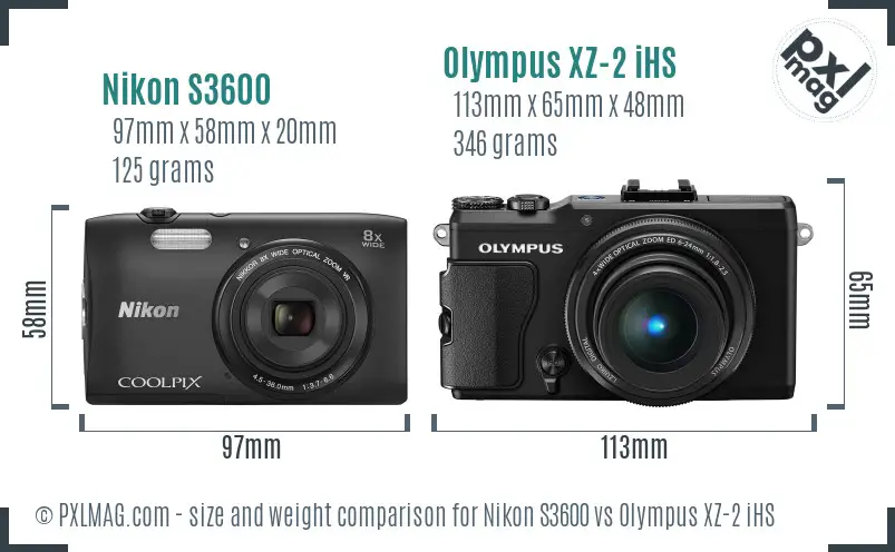 Nikon S3600 vs Olympus XZ-2 iHS size comparison
